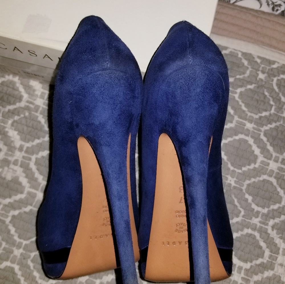 Casadei Blue Suede Platform Peekaboo Pumps - Picture 3 of 7